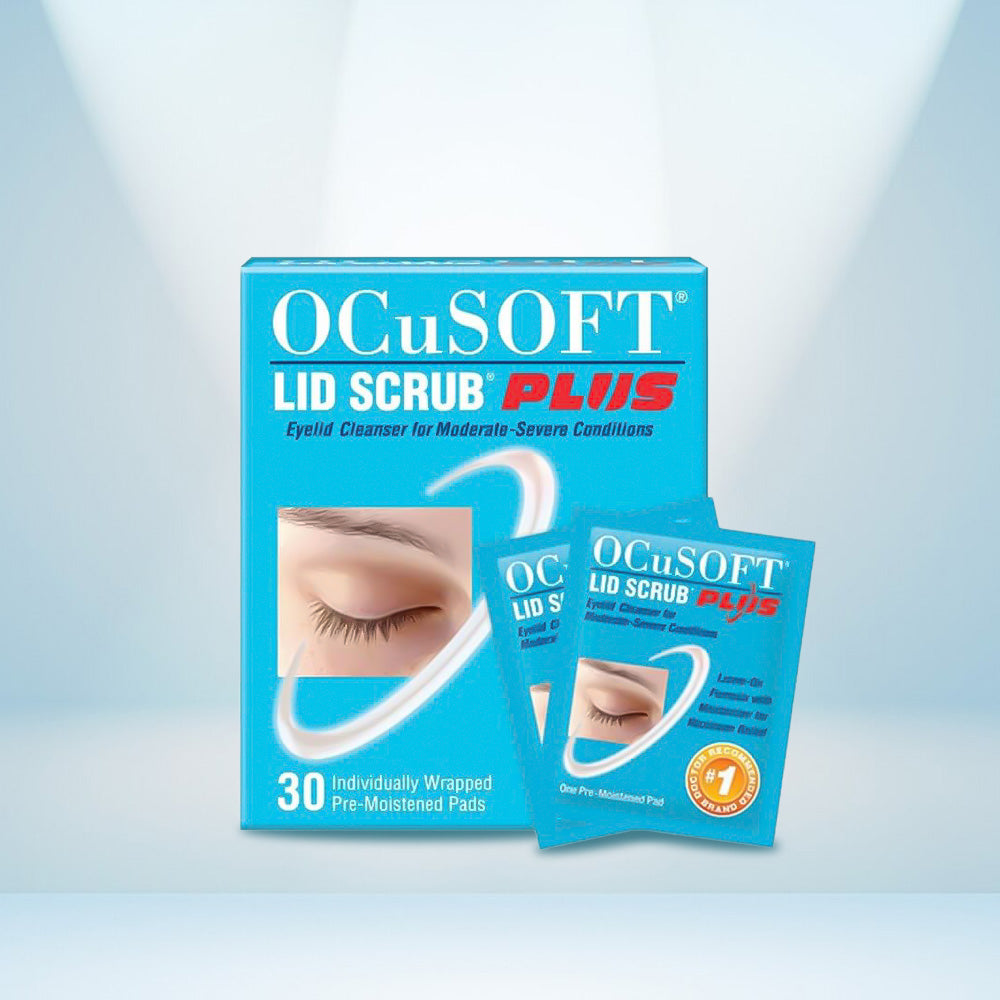 Ocusoft Plus Lid Scrub Wipes for eye hygiene, package of 30, soft wipes for cleaning eyelids and lashes.