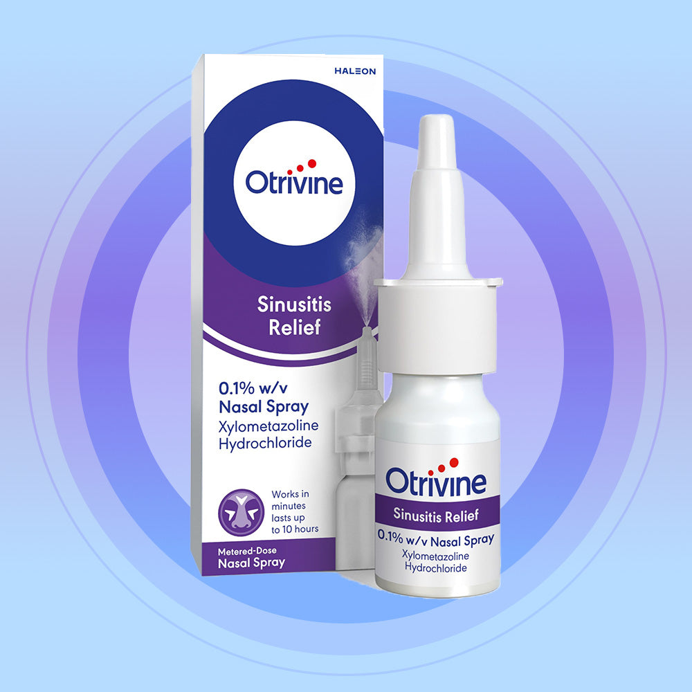 Otrivine Sinusitis nasal spray bottle with clear cap, 10 ml, used for nasal congestion relief in healthcare.