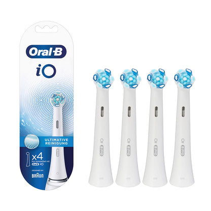 Oral-B iO toothbrush replacement heads pack of four with blue and white bristles