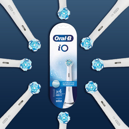 Oral-B iO electric toothbrush replacement heads with blue and white bristles on display