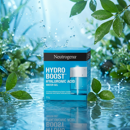 Neutrogena Hydro Boost Hyaluronic Acid Water Gel 50ml packaging on a water surface with splashes and greenery.
