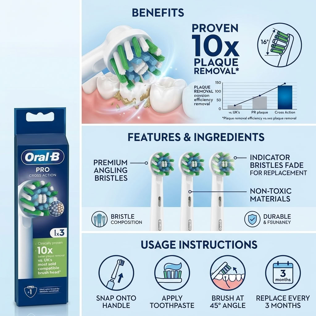 Oral-b Pro Cross Action White Brush Heads (3)