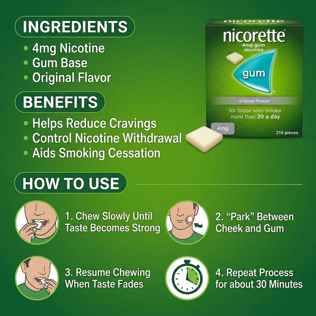 Nicorette gum packaging and usage information
